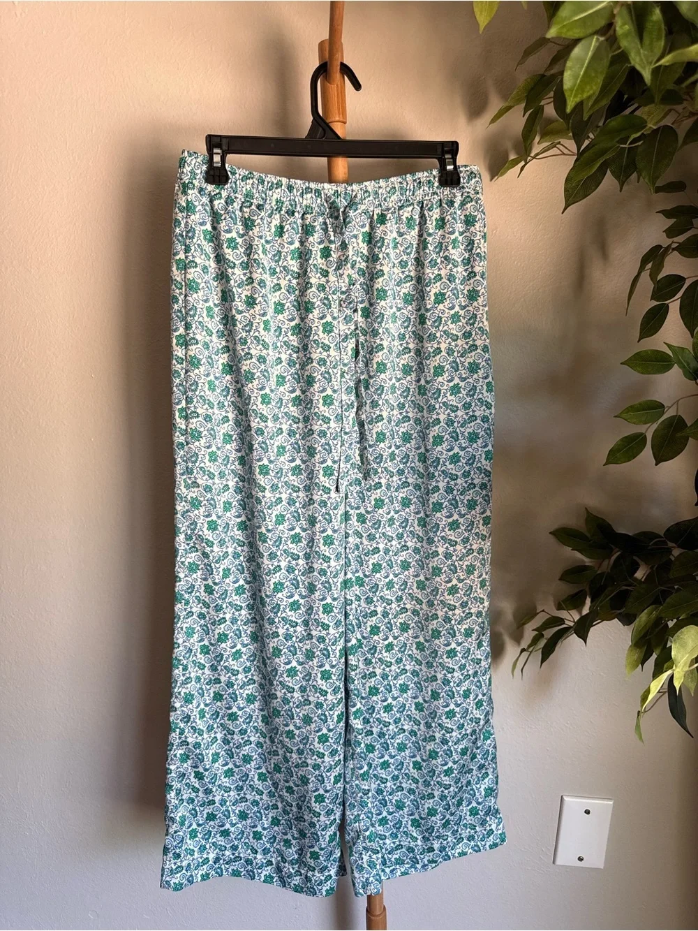 J.Crew Blue Boho Patterned Pull On High Rise Wide Leg Silk Pants Size Medium